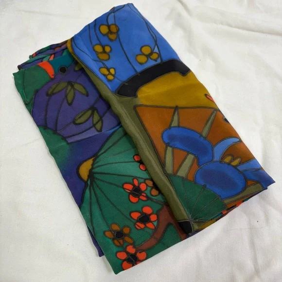 SILKSCAPES vintage silk multicolor silk scarf fish floral bamboo abstract USA - Picture 12 of 12